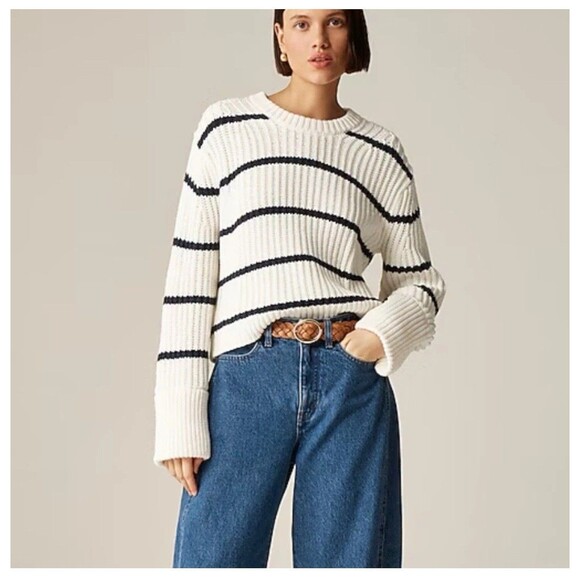 J.CREW Heritage Cotton Fisherman Crewneck Sweater in Stripe Medium CG685 Preppy - Picture 1 of 13